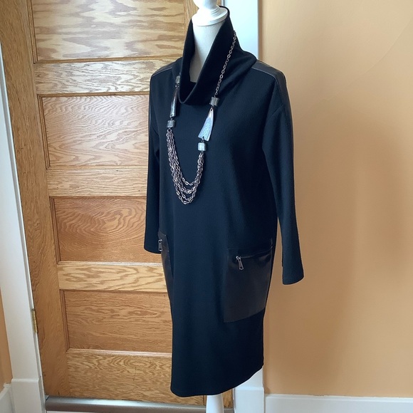 JOSEPH RIBKOFF Black Sweater Dress Faux Leather Details Size 8 - Picture 3 of 14